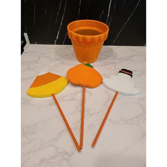 Hand Painted Wood Folk Art Ghost Pumpkin Candy Corn 3D Planter Décor Halloween - Picture 5 of 11